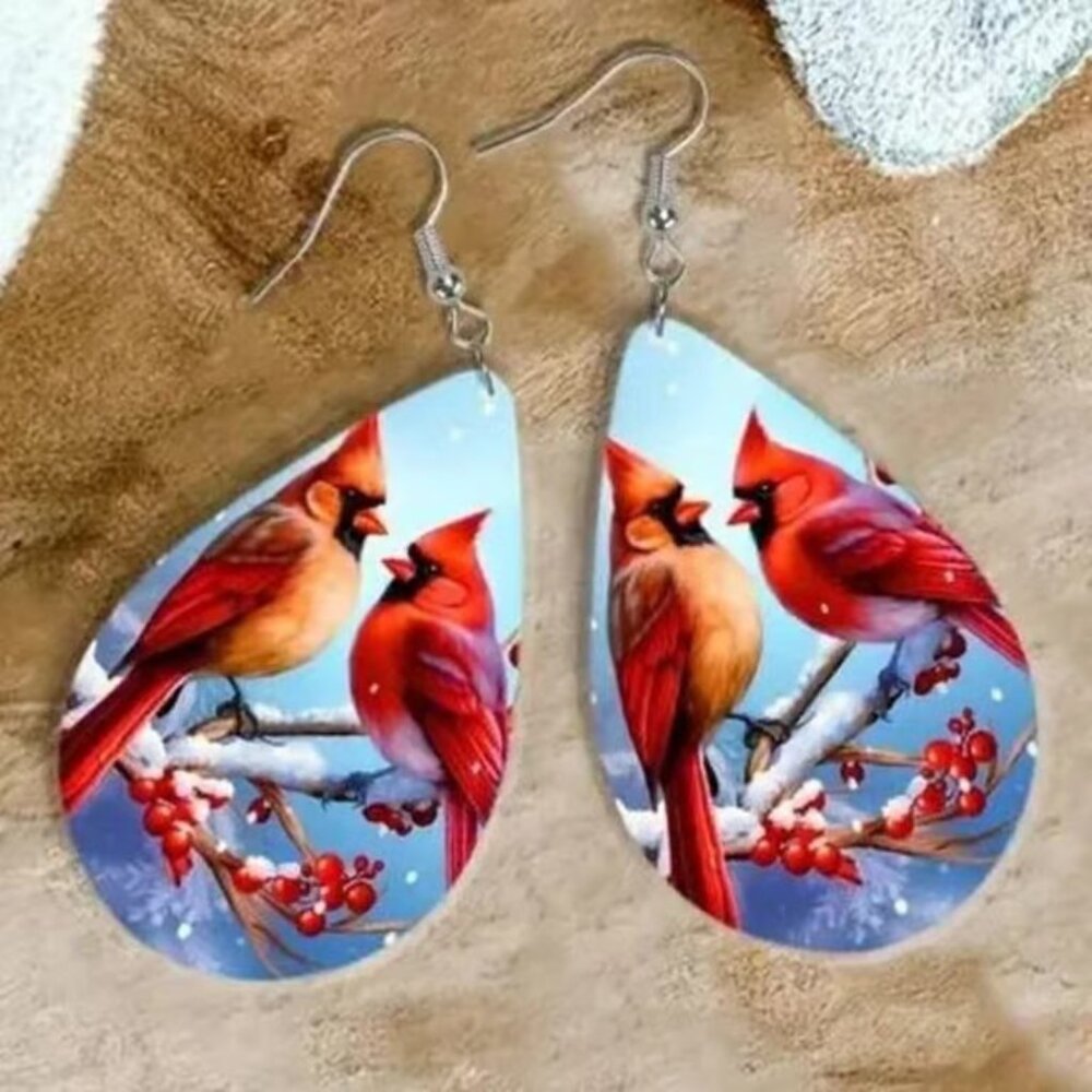 Wooden CARDINAL Red Bird Dangle Earrings